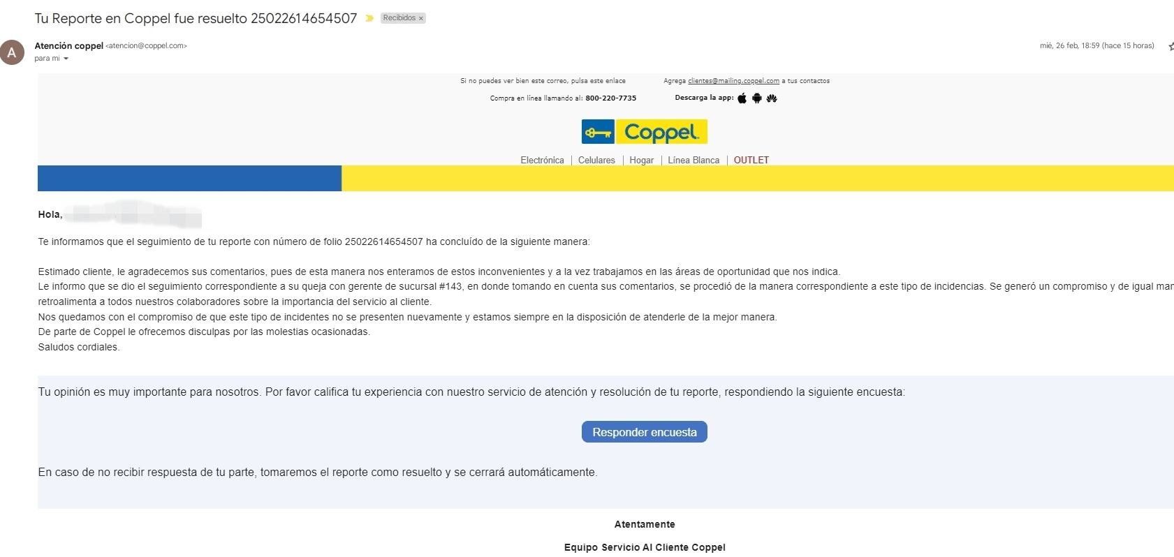 Respuesta de Coppel a un cliente 